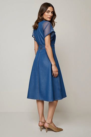 Grey Blue Round Neck Midi Work Dress with Sleeves